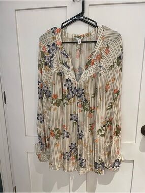 Sonoma Cream Floral & Stripe Lace-Trim Long Button front Boho shirt 3XL
